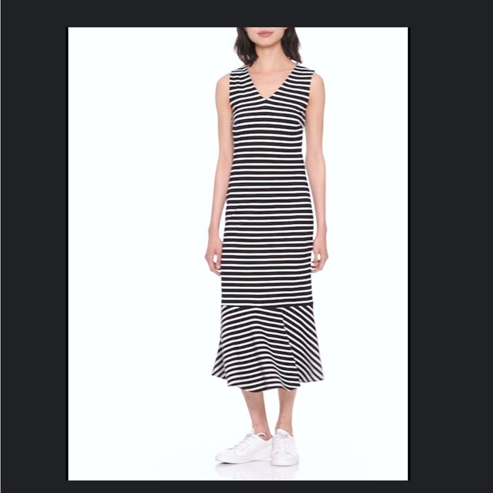 Banana Republic Navy and White Striped Sleeveless Ponte Flounce Dress
